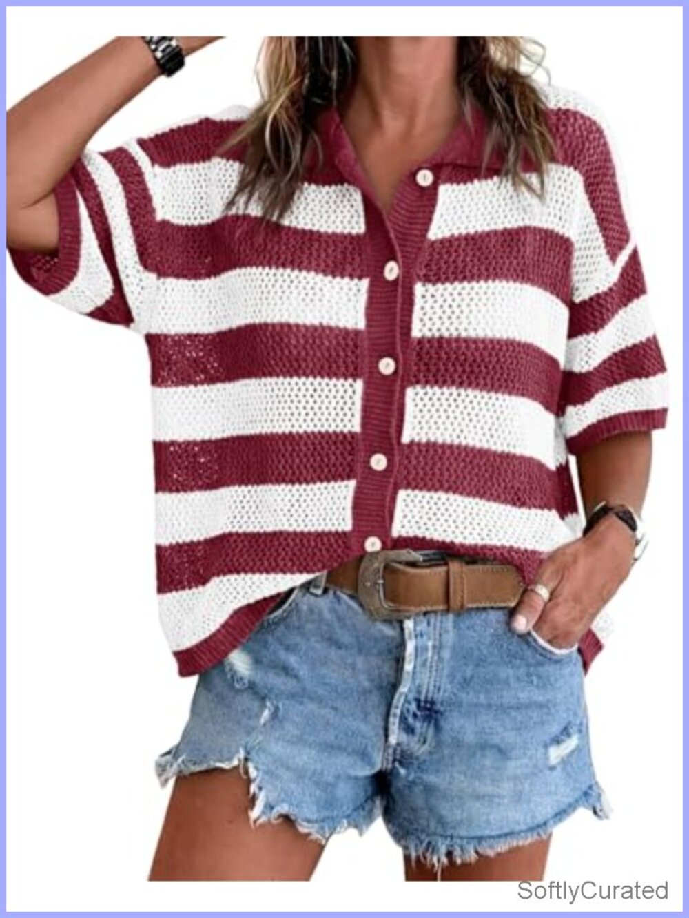 Womens Striped Crochet Cardigan Button Up Batwing Half Sleeve Knit Top
